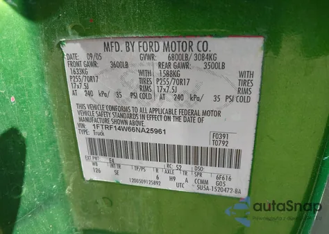 2006 Ford F-150 Stx/Xl/Xlt из США, поврежденный, VIN 1FTRF14W66NA25961